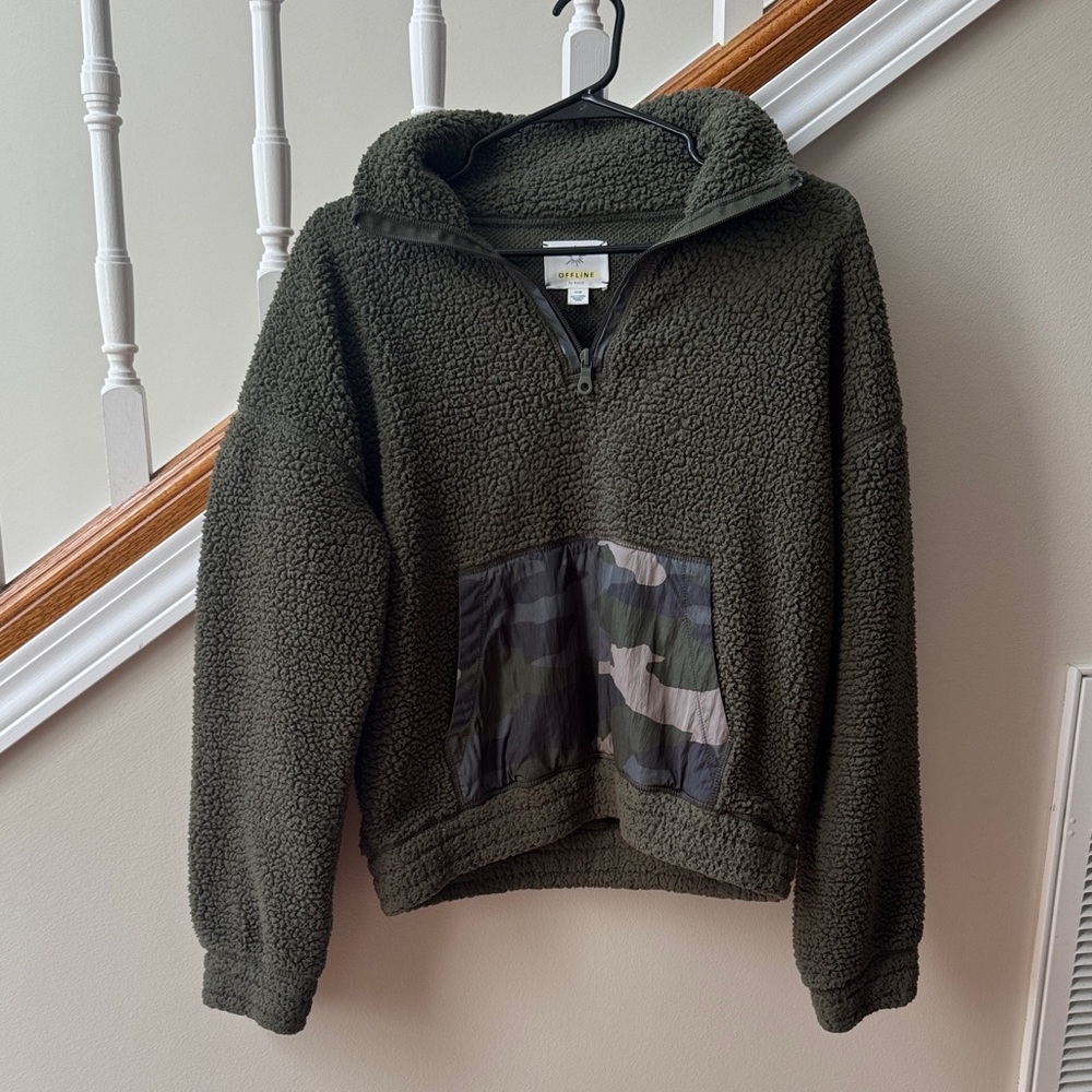 Offline by Aerie Olive Teddy Jacket with Camouflage Pocket